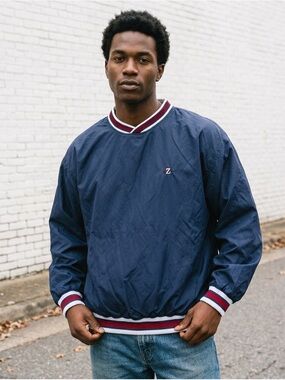 Vintage JERZEES Jacket Mens 2XL Navy Blue Pullover Coach Varsity Jacket 90s